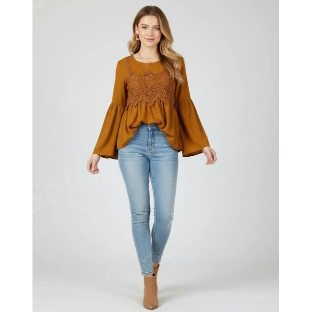 Jolt Rust Orange Crochet‎ Lace Detail Bell Sleeve Peasant Style Blouse Sz Medium